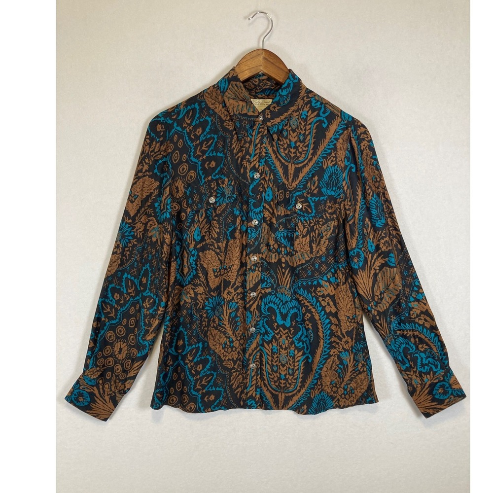 Western Chic Lucky‎ Brand Women Med Teal Brown Paisley 100% Silk Shirt